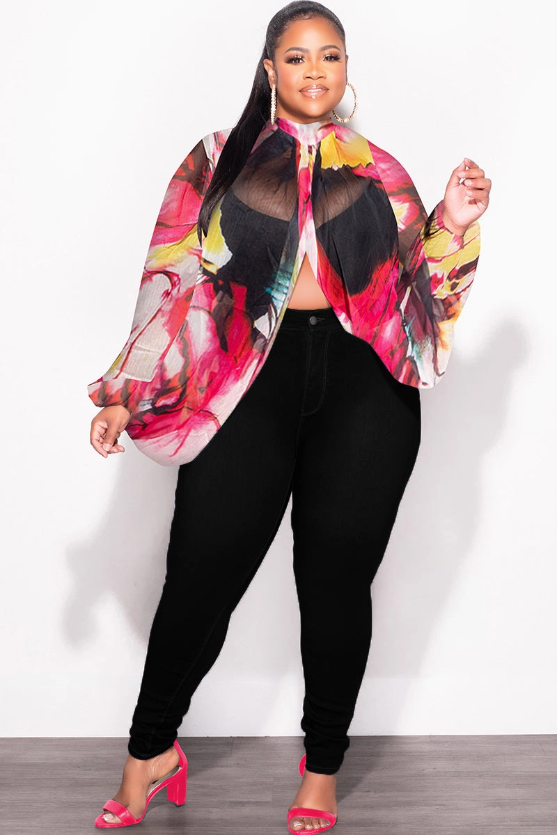 Lightweight Layer Final Sale Plus Size Sheer Balloon Sleeve Crop Top in Fuchsia and Black Multi Color