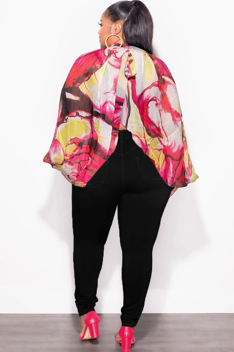 Cropped hem SecureClosureSystem Final Sale Plus Size Sheer Balloon Sleeve Crop Top in Fuchsia and Black Multi Color
