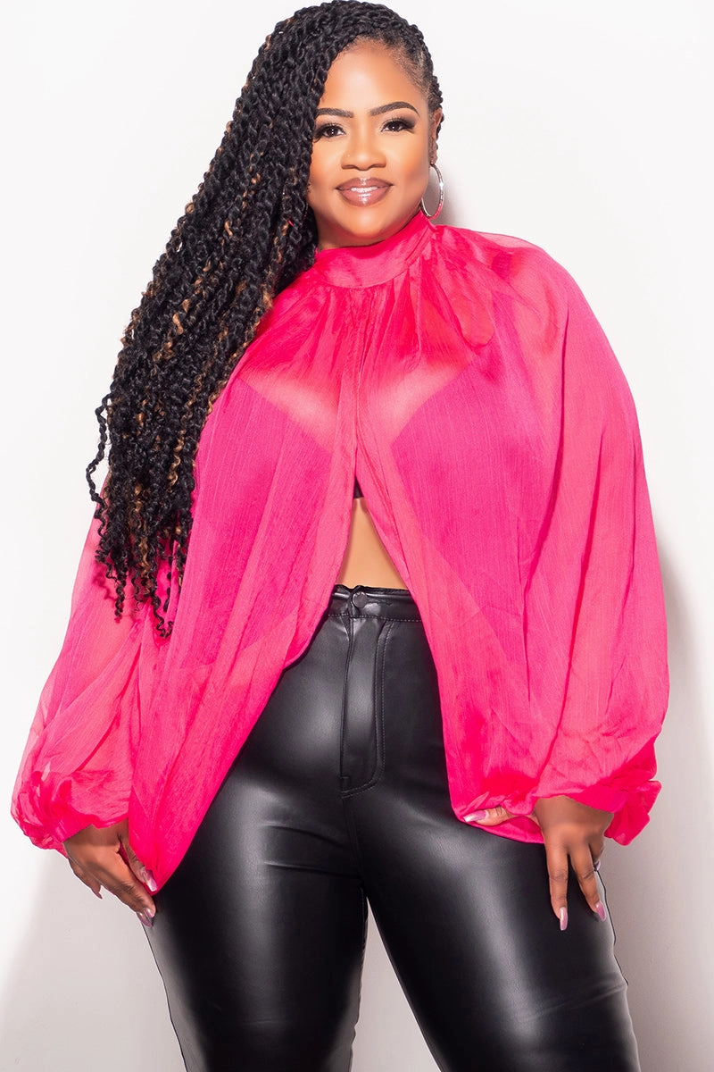 Final Sale Plus Size Sheer Balloon Sleeve Crop Top in Fuchsia Quick Change FrictionResistantEdging