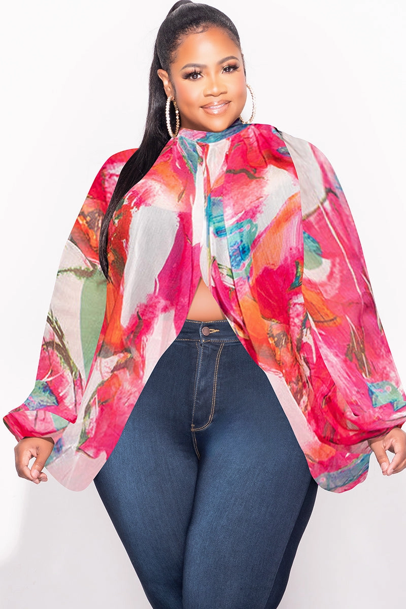 Final Sale Plus Size Sheer Balloon Sleeve Crop Top in Fuchsia Multi Color Layering Essential Perfect Fit Wear