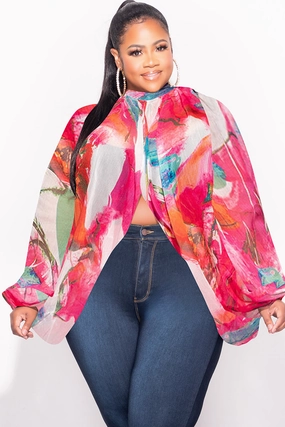 Cozy and Relaxed Final Sale Plus Size Sheer Balloon Sleeve Crop Top in Fuchsia Multi Color