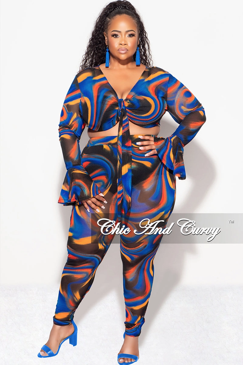 Final Sale Plus Size Sheer Bell Sleeve Tie Top and High Waist Pants Set in Royal Blue Multi Color Print Fall Layered Comfort