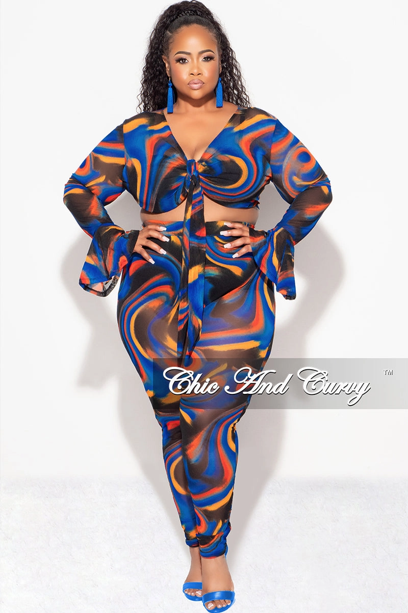 Final Sale Plus Size Sheer Bell Sleeve Tie Top and High Waist Pants Set in Royal Blue Multi Color Print Fall Thermal Insulation Layer
