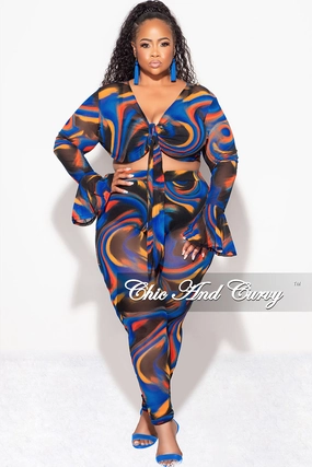Final Sale Plus Size Sheer Bell Sleeve Tie Top and High Waist Pants Set in Royal Blue Multi Color Print Fall Movement Flex