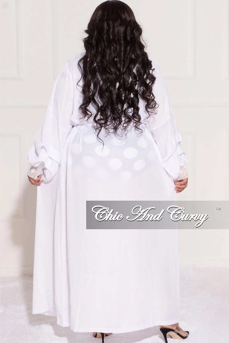 Final Sale Plus Size Sheer Chiffon Duster with Waist Tie and Rhinestone Cuff in White Hidden Zip Pockets Sporty Comfort Wear