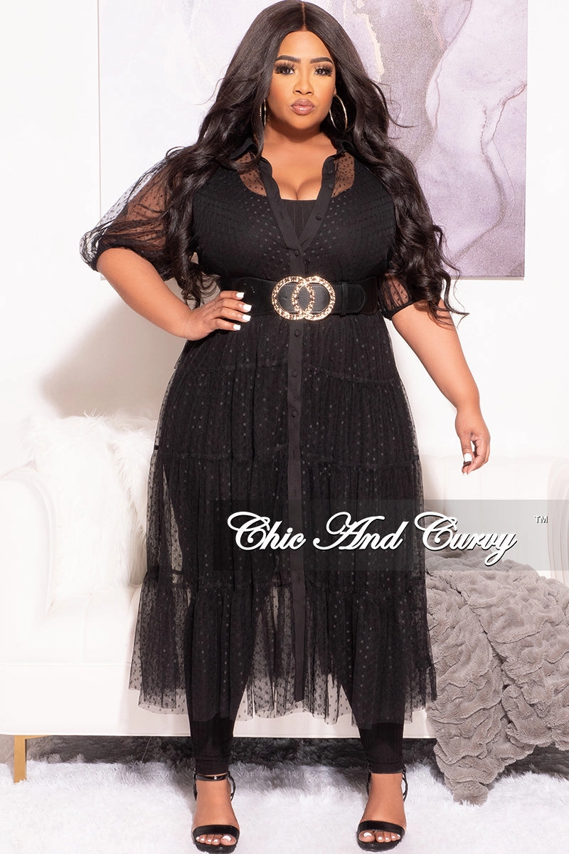 Chic casual Final Sale Plus Size Sheer Collar Button Up Polka Dot Dress in Black