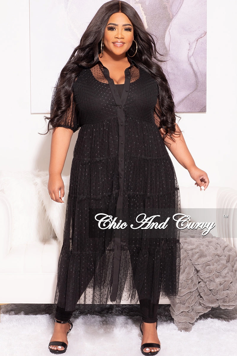 Light and Cozy Comfy Essentials Wear Final Sale Plus Size Sheer Collar Button Up Polka Dot Dress in Black