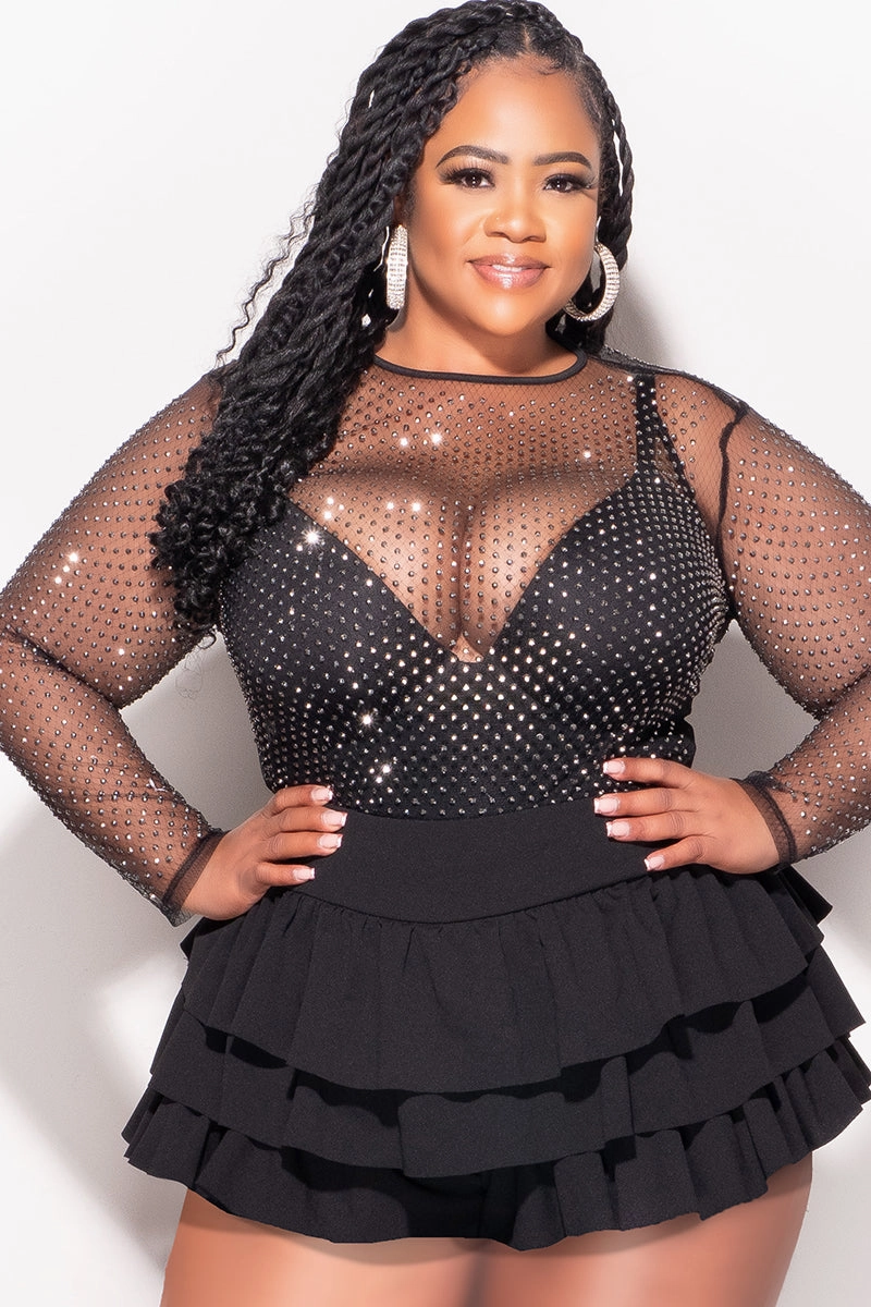 Layered Style Abrasion Resistant Fabric Final Sale Plus Size Sheer Diamond Studded Top in Black
