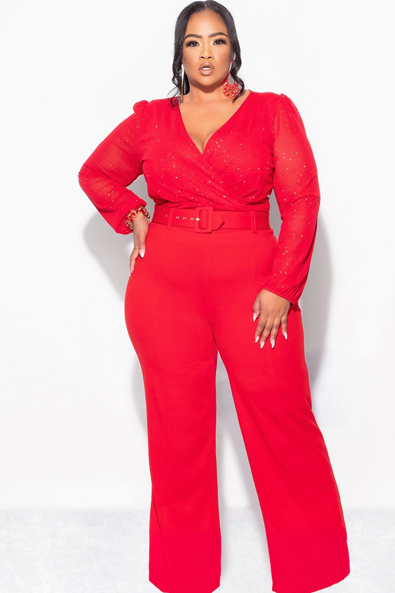Final Sale Plus Size Sheer Glitter Faux Wrap Top in Red Contrast Inner Binding Urban Look