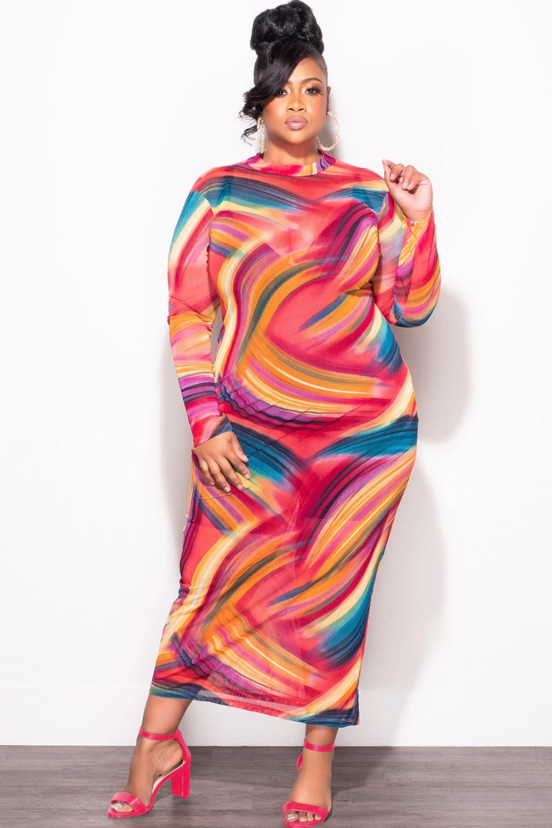 Final Sale Plus Size Sheer Mesh Bodycon Dress in Paint Brush Print Soft Lines