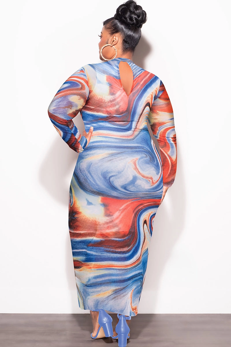 Neutral Shade Final Sale Plus Size Sheer Mesh Bodycon Dress in Red & Blue Print