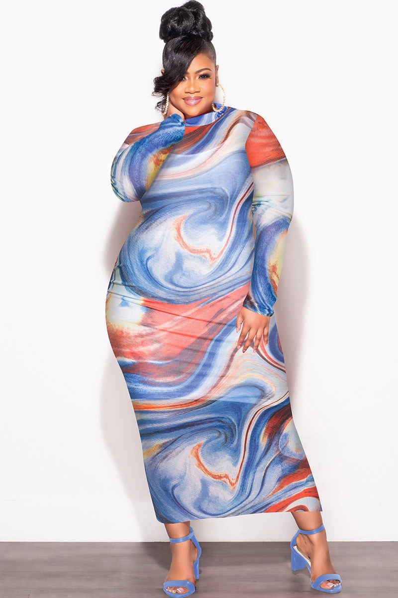 Final Sale Plus Size Sheer Mesh Bodycon Dress in Red & Blue Print StretchMaterial