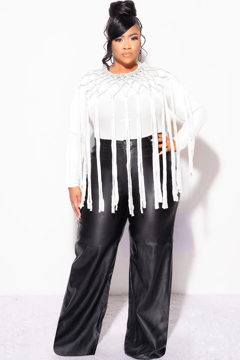 Final Sale Plus Size Sheer Mesh Crochet Fringe 2pc Bodysuit with Overlay in Off White Office Appropriate