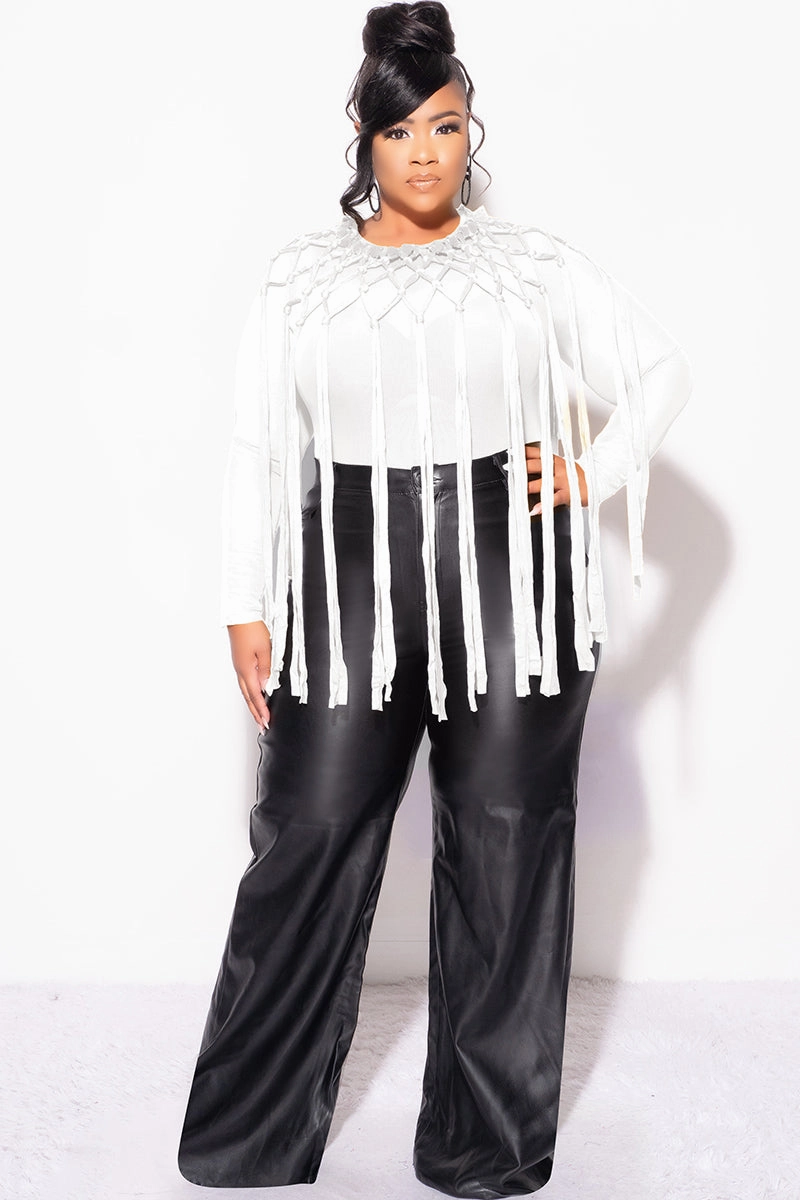 Final Sale Plus Size Sheer Mesh Crochet Fringe 2pc Bodysuit with Overlay in Off White Flexible Cut