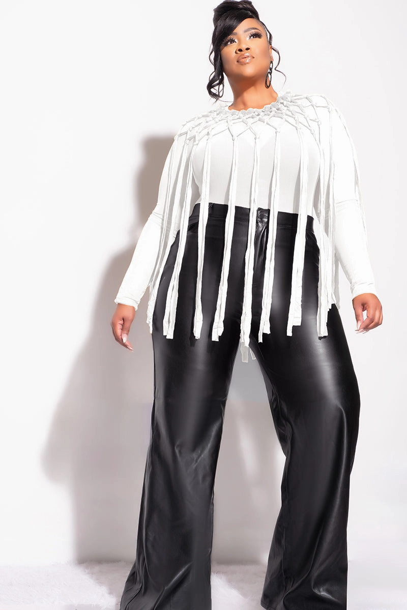 Utility Fit Final Sale Plus Size Sheer Mesh Crochet Fringe 2pc Bodysuit with Overlay in Off White