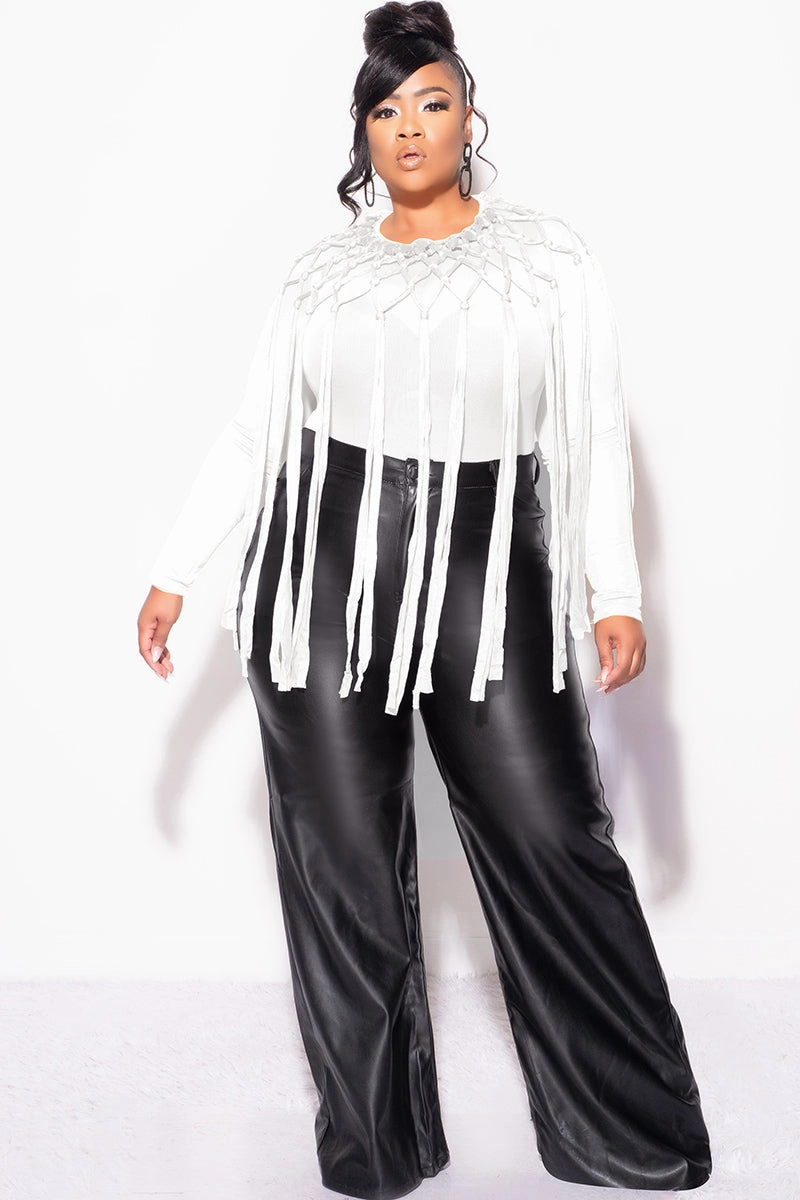 Final Sale Plus Size Sheer Mesh Crochet Fringe 2pc Bodysuit with Overlay in Off White Low Profile Waistband