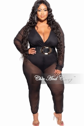 Final Sale Plus Size Sheer Mesh Deep V Jumpsuit in Black Core Basic Flexible Fit