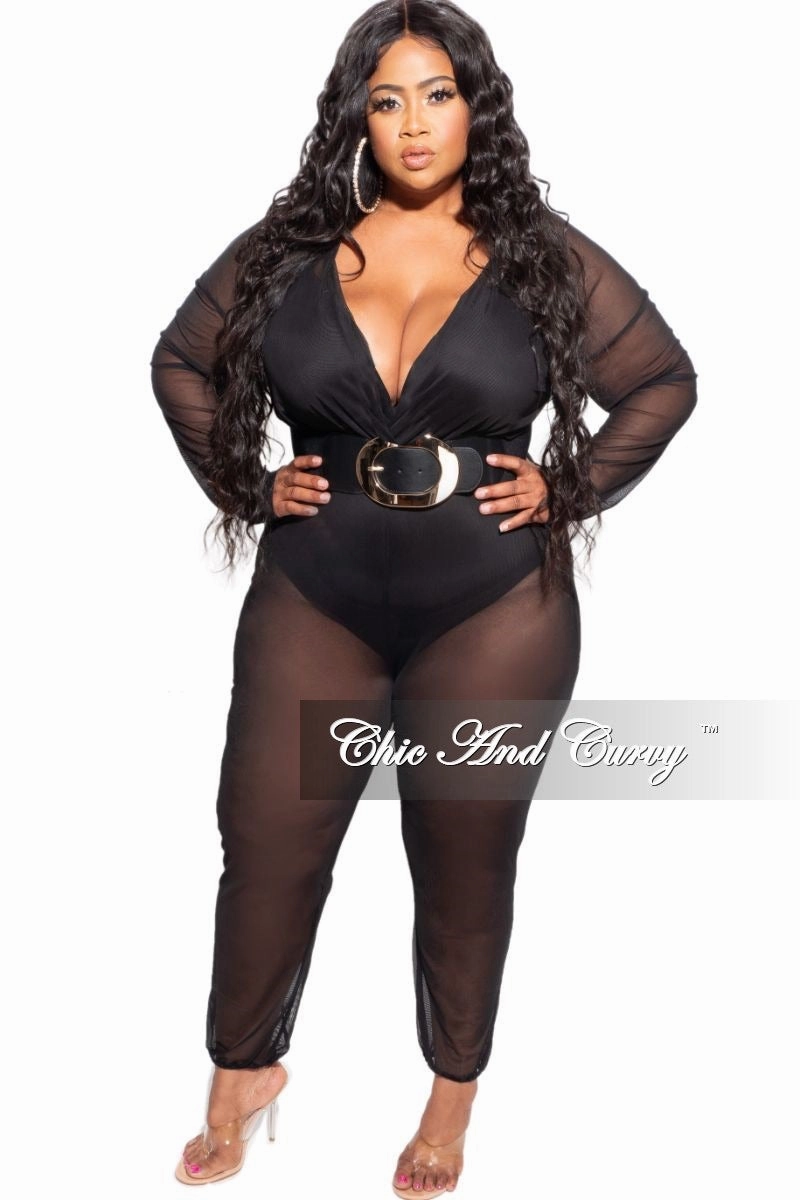 Final Sale Plus Size Sheer Mesh Deep V Jumpsuit in Black Side zipper