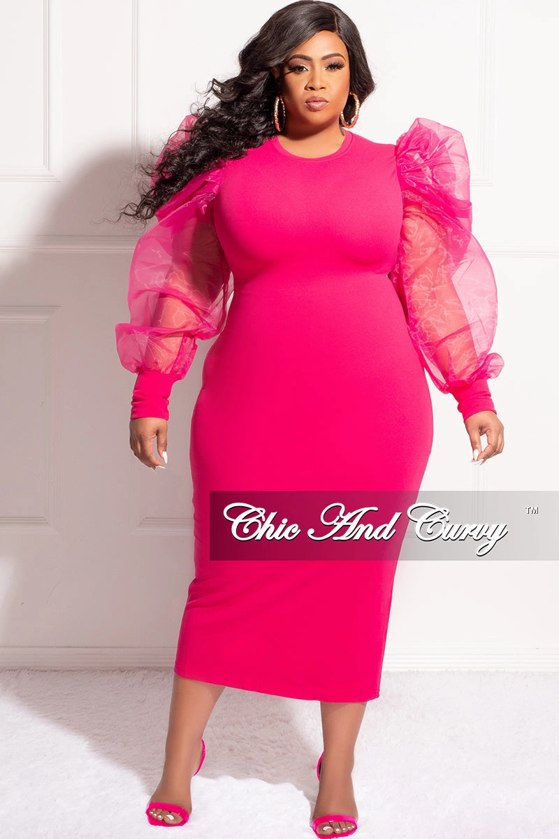 Multi Pocket Design Final Sale Plus Size Sheer Organza Puffy Sleeve Bodycon Dress in Fuchsia