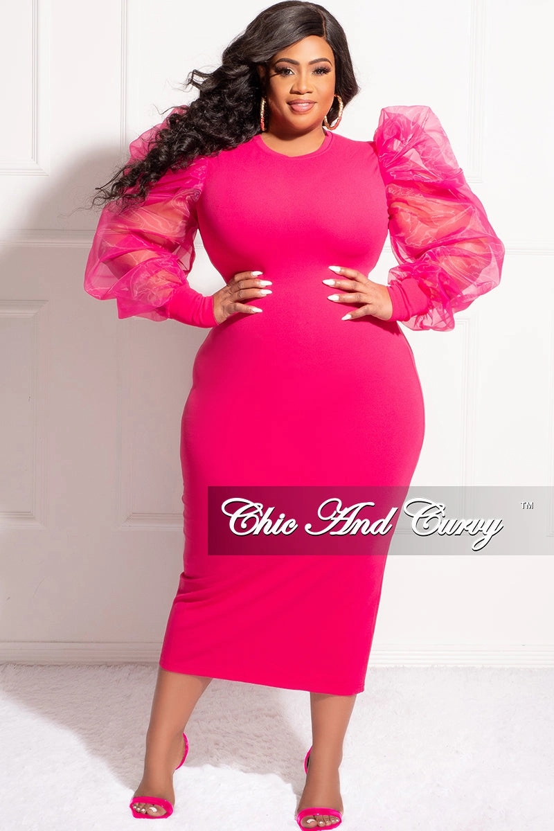 Quick Dry Fabric Active Layer Final Sale Plus Size Sheer Organza Puffy Sleeve Bodycon Dress in Fuchsia