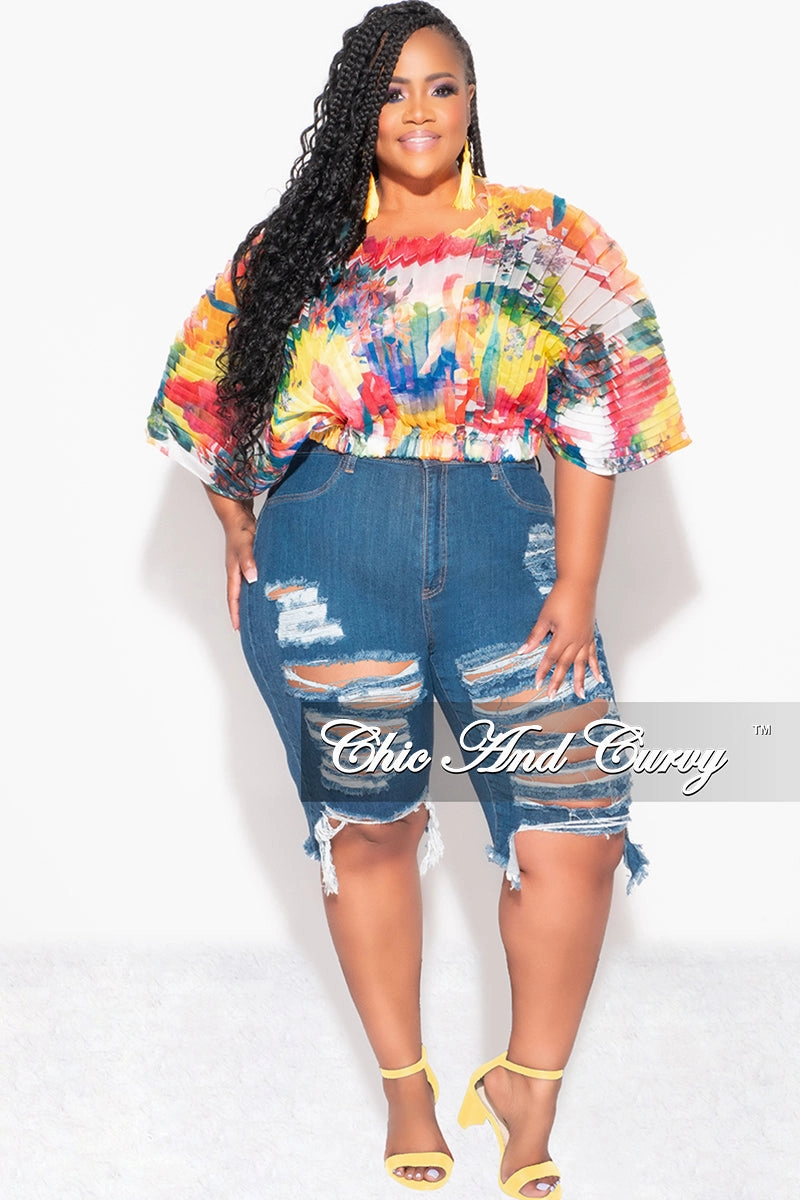 Final Sale Plus Size Sheer Pleated Top in Red, Yellow, & Blue Multi Color G179 Comfy Ease