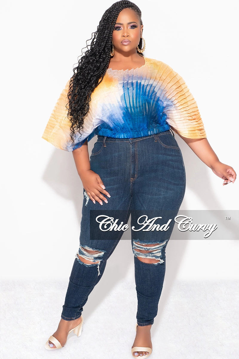 Final Sale Plus Size Sheer Pleated Top in Yellow and Blue Smart Comfort Layer Comfort