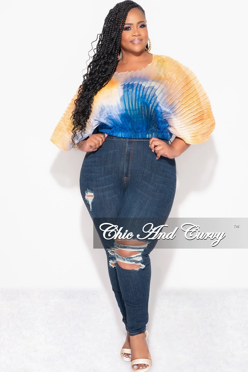 Final Sale Plus Size Sheer Pleated Top in Yellow and Blue Fashionable Cut Rayon drape