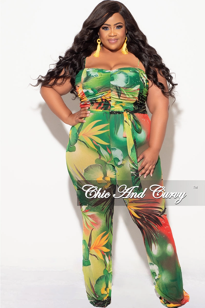 SoftCottonBlend Cool Comfort Final Sale Plus Size Sheer Ruched Jumpsuit in Green Tropical Print