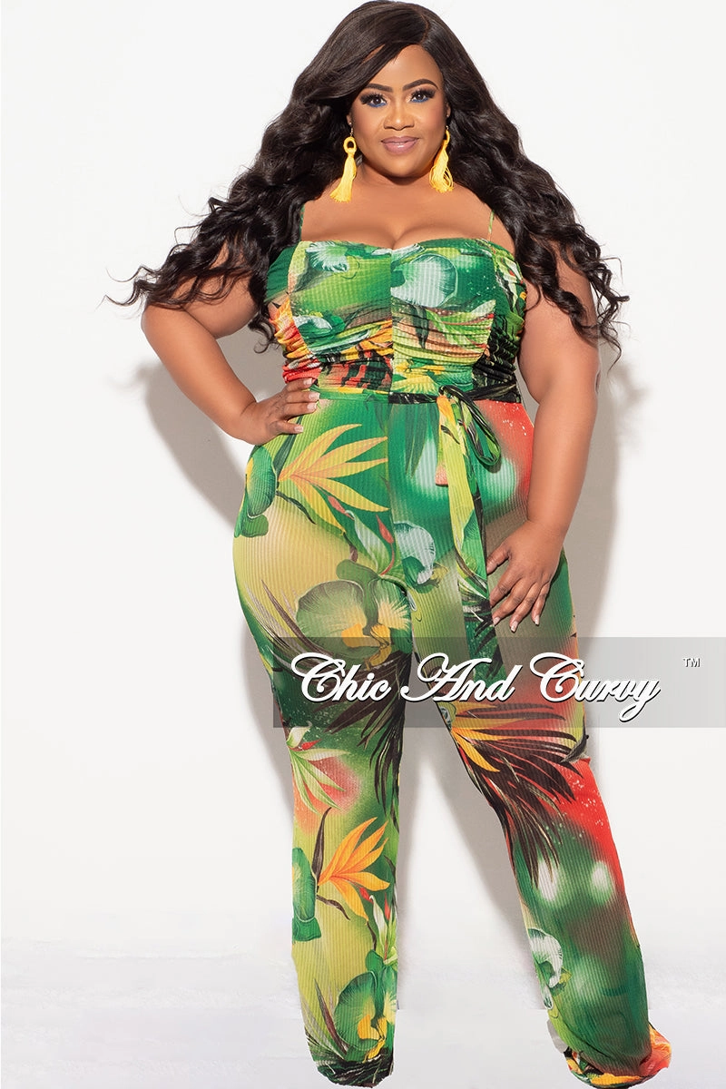 Final Sale Plus Size Sheer Ruched Jumpsuit in Green Tropical Print Functional Comfort Wear