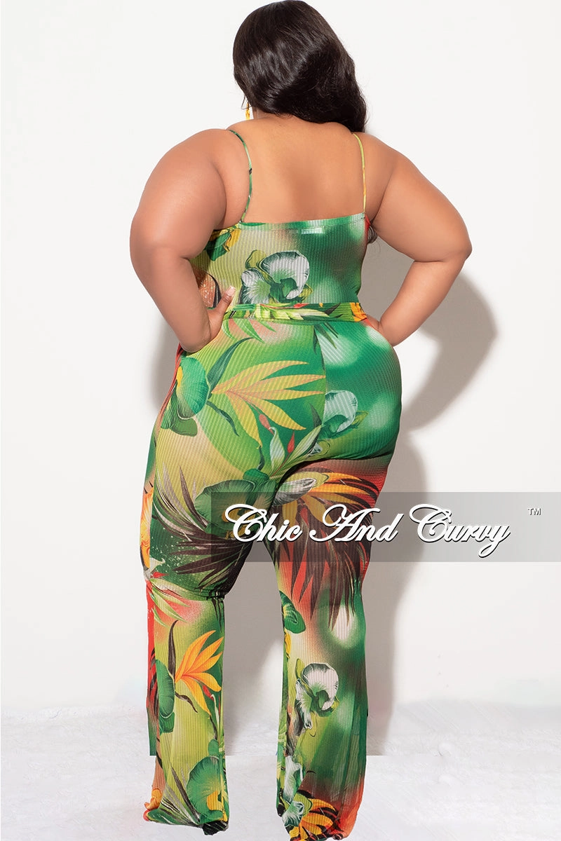 Final Sale Plus Size Sheer Ruched Jumpsuit in Green Tropical Print Core Comfort