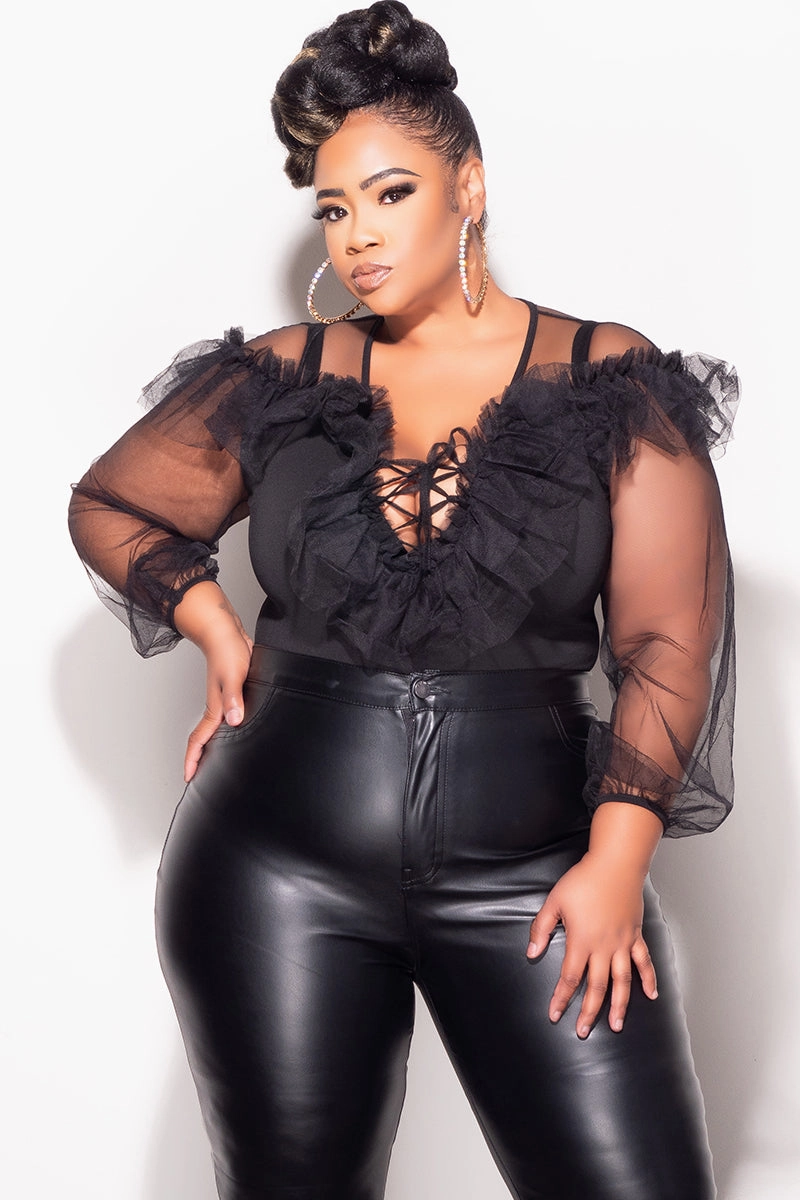 Noise Reduciting Fabric Final Sale Plus Size Sheer Sleeve Tulle Bodysuit in Black