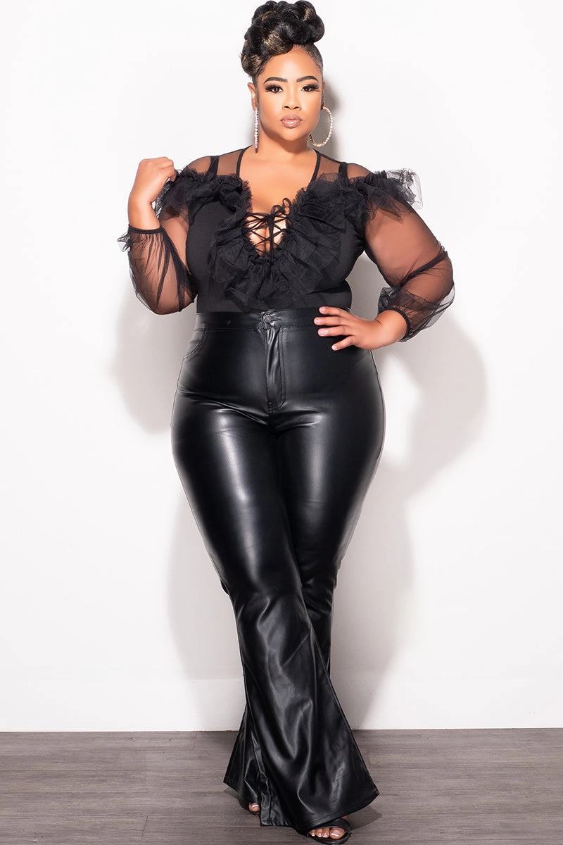 Final Sale Plus Size Sheer Sleeve Tulle Bodysuit in Black Work Comfort