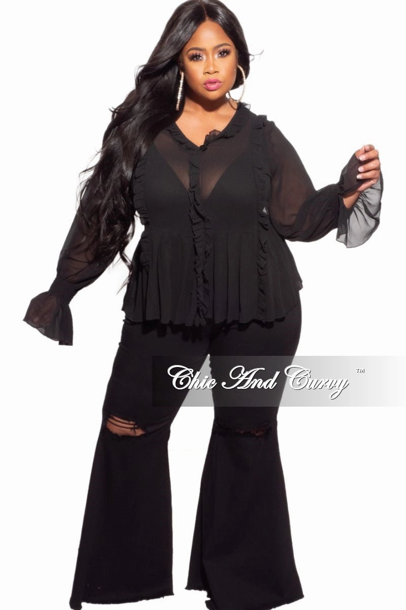 Stretch Support Fit Final Sale Plus Size Sheer Top with Ruffle Sleeves
