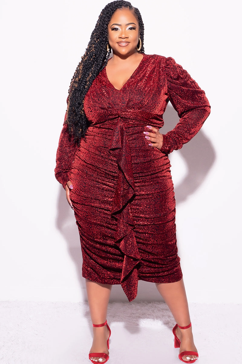 Final Sale Plus Size Shimmer Bodycon Dress with Ruched Center & Ruffle in Red and Black Perfect Shape