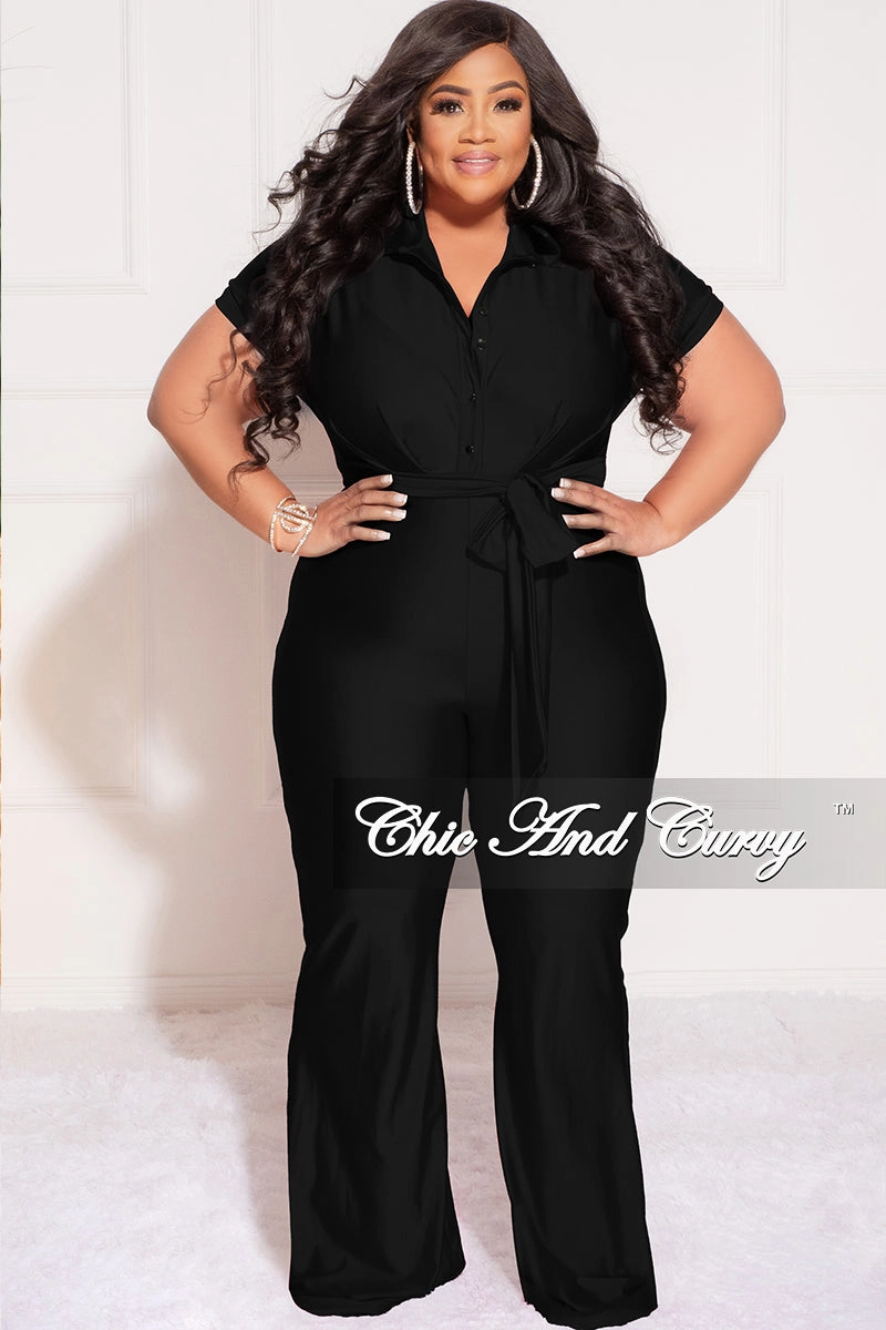 Final Sale Plus Size Shiny Collar Button Up Stretchy Jumpsuit in Black Fade Resistant Dye
