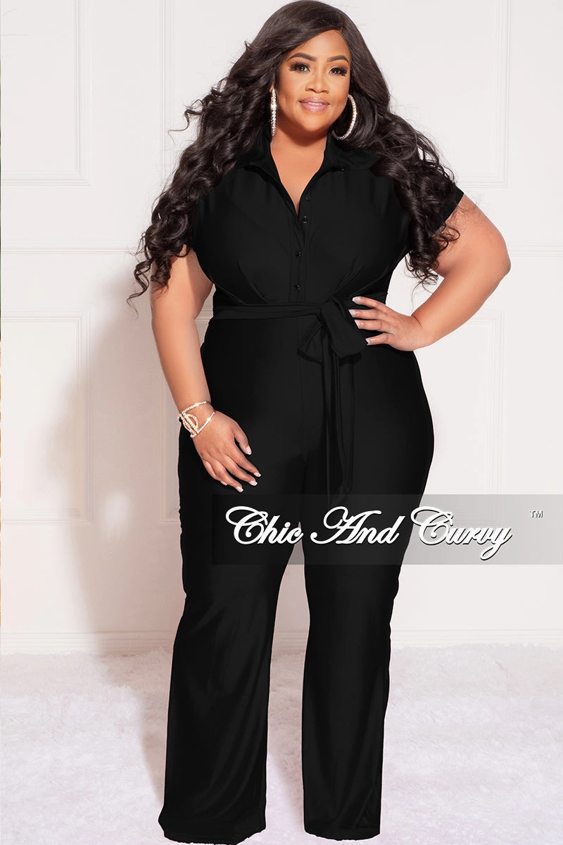 Final Sale Plus Size Shiny Collar Button Up Stretchy Jumpsuit in Black Quick Adjust Fit