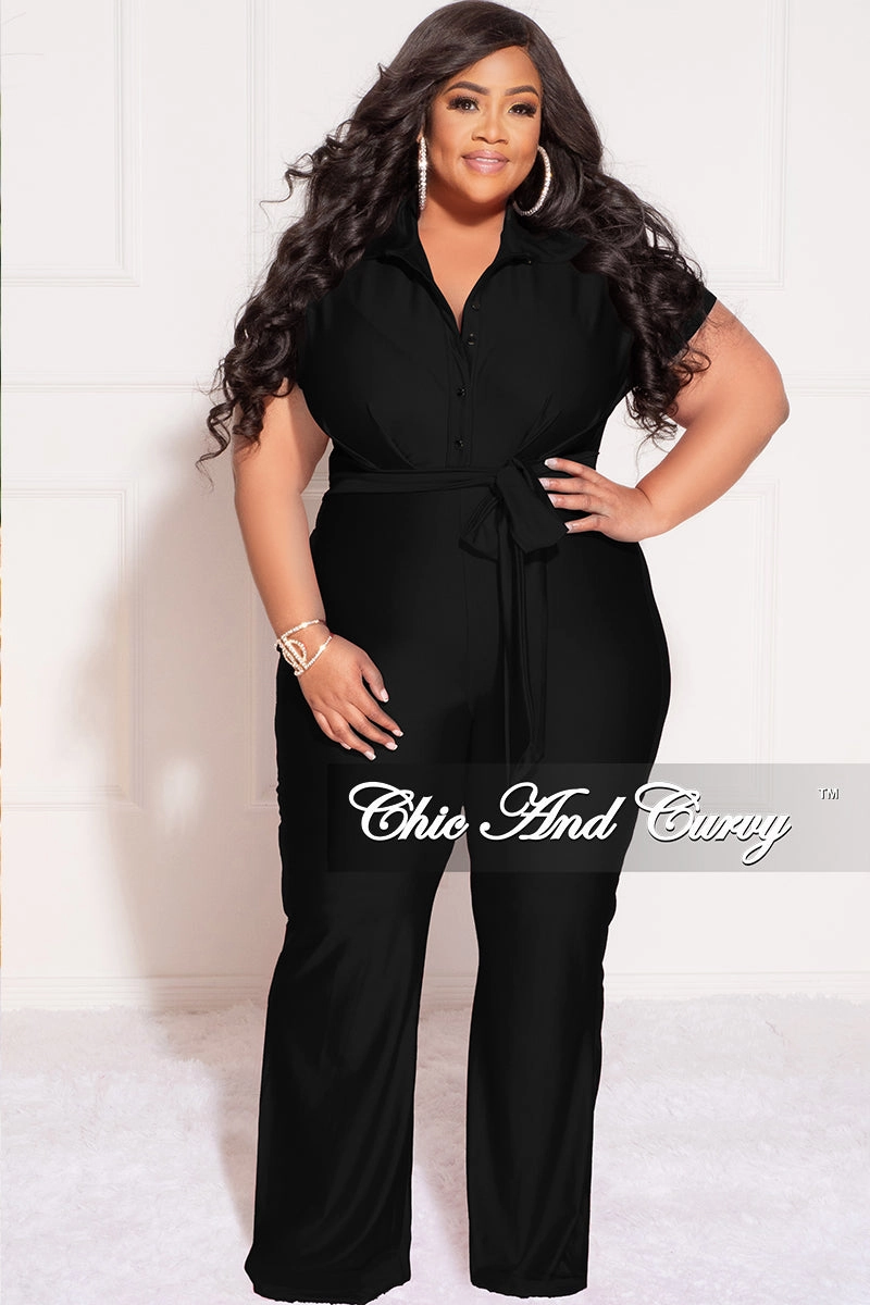 Lightweight Final Sale Plus Size Shiny Collar Button Up Stretchy Jumpsuit in Black