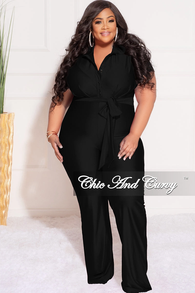 Final Sale Plus Size Shiny Collar Button Up Stretchy Jumpsuit in Black Comfy Essentials Wear