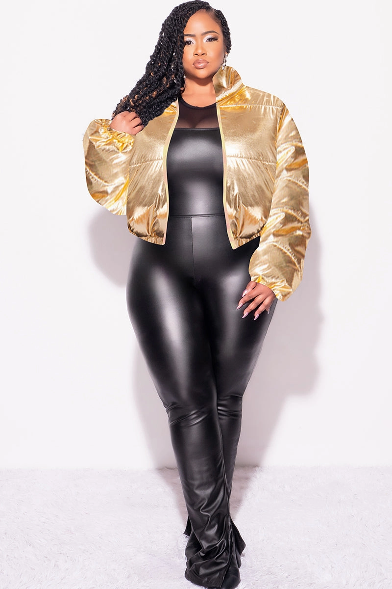 Durable Construction Final Sale Plus Size Shiny Crop Puffer Jacket in Gold