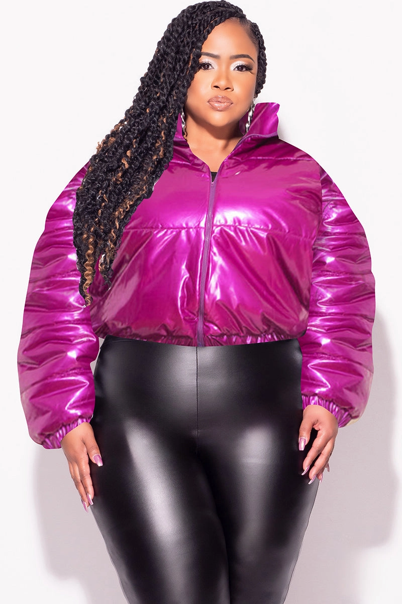 OdorResistantTreatment Neutral Style Final Sale Plus Size Shiny Crop Puffer Jacket in Purple