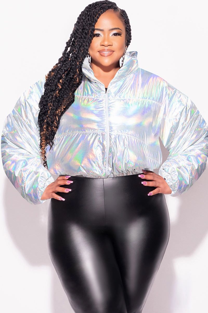 Comfort Control Anti Odor Technology Final Sale Plus Size Shiny Crop Puffer Jacket in Silver Iridescent