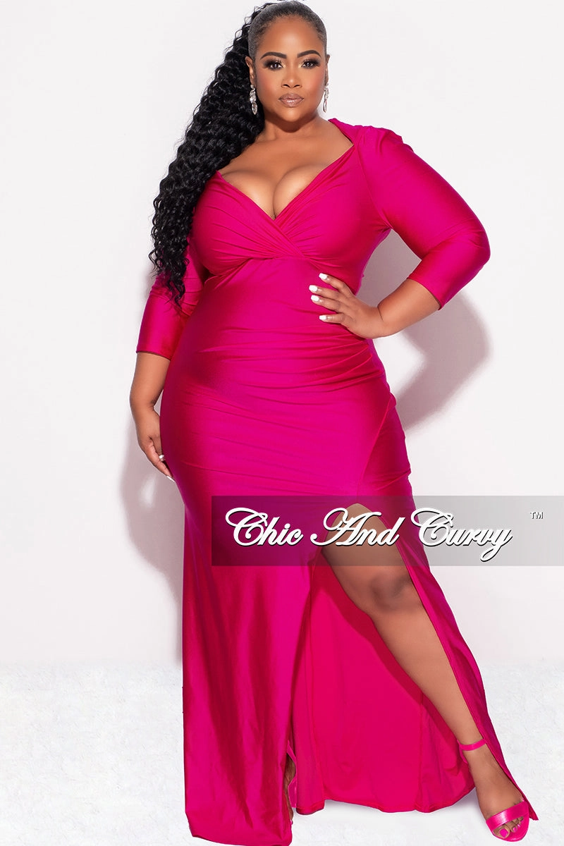 Final Sale Plus Size Shiny Faux Wrap Gown with Slit in Fuchsia Lightweight Wear