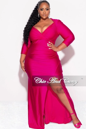ElasticTrimming Final Sale Plus Size Shiny Faux Wrap Gown with Slit in Fuchsia