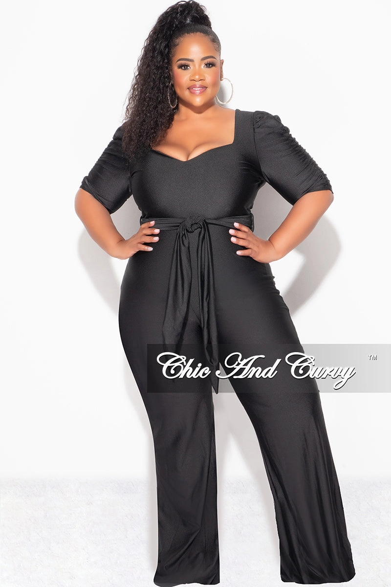 Flatlock Seam Technique Breathable Construction Final Sale Plus Size Shiny Jumpsuit with Ruched Sleeves in Black