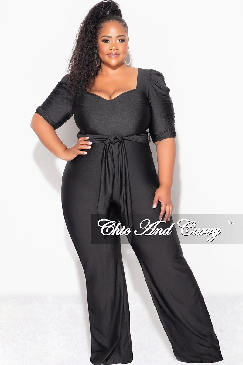 Daily Outfit Style Final Sale Plus Size Shiny Jumpsuit with Ruched Sleeves in Black