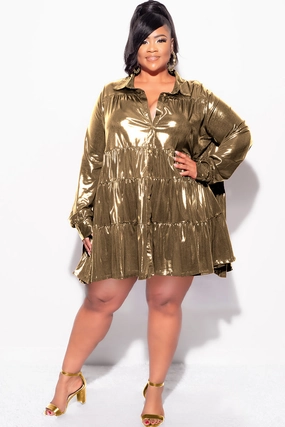 Airflow Mesh Panel Simple Cut Final Sale Plus Size Shirt Dress in Metallic Gold