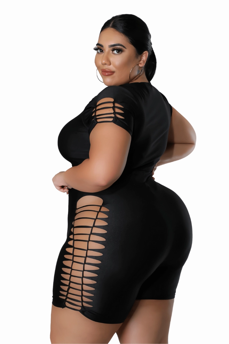 Breath Fit Smart Design Final Sale Plus Size Short Set with Ripped Sides in Black
