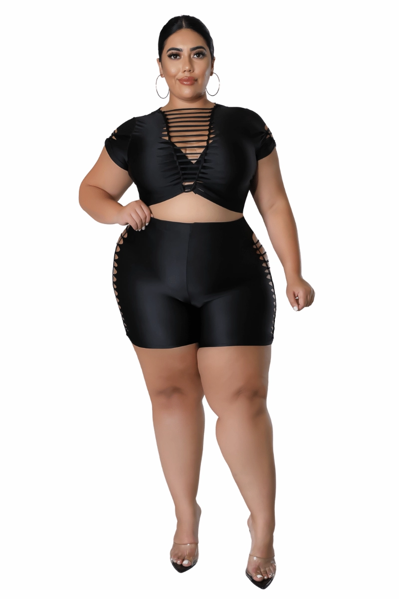 Final Sale Plus Size Short Set with Ripped Sides in Black ReinforcedBeltLoops Organic Cotton