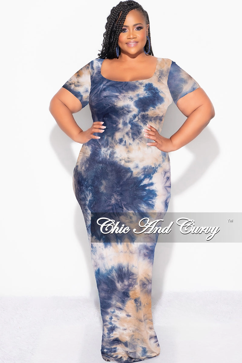 MoistureWickingFabric Final Sale Plus Size Short Sleeve Deep Scoop Neck Maxi Dress in Navy, Tan & Ivory Tie Dye Print