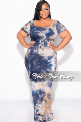 Final Sale Plus Size Short Sleeve Deep Scoop Neck Maxi Dress in Navy, Tan & Ivory Tie Dye Print Urban Edge